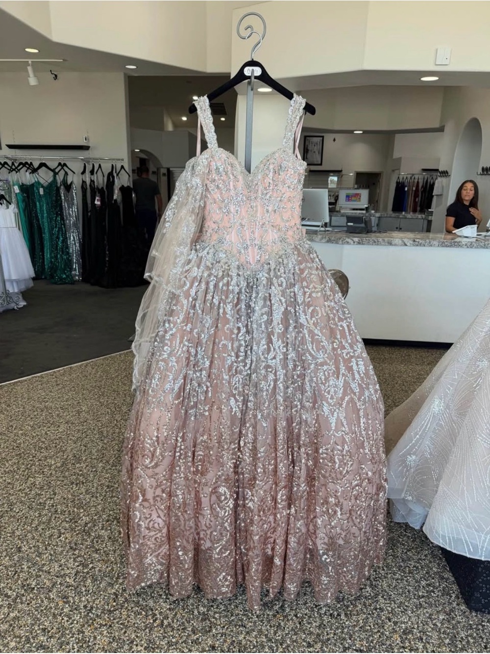 Mori Lee Blush Pink and Silver Beaded Ball Gown Prom Dress